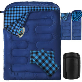 Спальний мішок для двох осіб з фланелі, 220 x 160 см, Outdoor, з двома подушками та сумкою для перенесення, блакитний