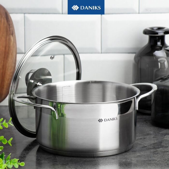 Каструля Daniks Bonn з нержавіючої сталі для індукції з кришкою, 20 см, 3.4 л, для пасти, супу, срібляста