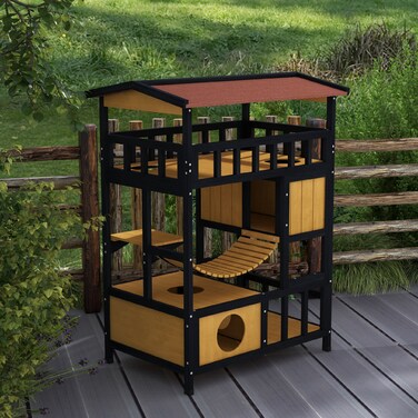 PawHut Cat House, Cat Paradise with Platforms, Suspension Bridge, and Cat Caves, Suitable for up to 2 Cats, Wood