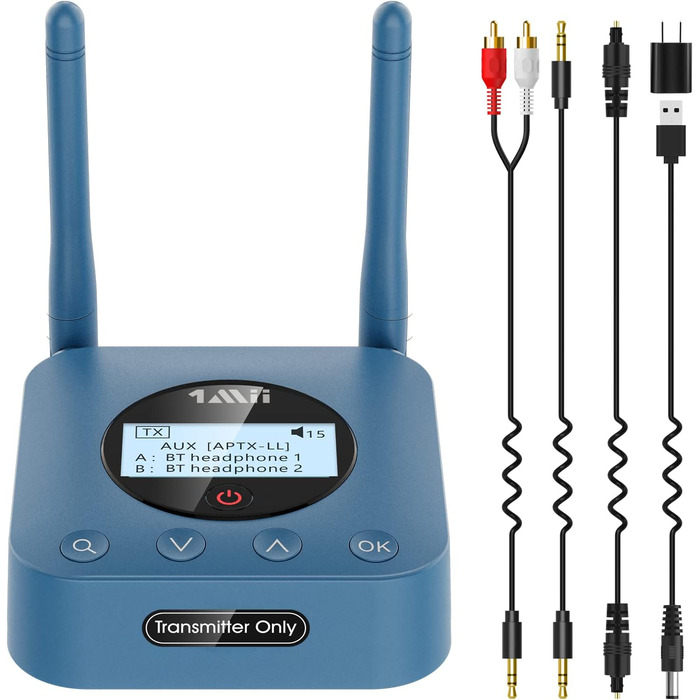 1Mii Bluetooth 5.2 Передавач для ТВ з aptX HD та низькою затримкою, велика дальність дії, аудіоадаптер для 2 навушників або динаміків, 3.5mm AUX/Оптичний/Коаксіальний вихід, регулювання гучності (Білий)