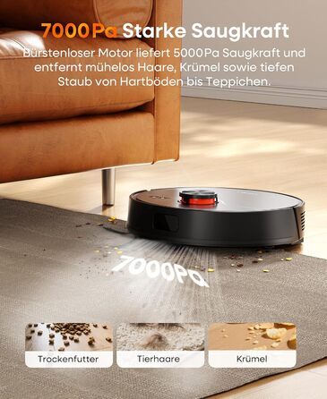 Робот-пилосос з функцією миття 7000Pa, з базою самостійної очистки 3.5L, час роботи 180 хв, LiDAR навігація, для прибирання шерсті тварин, килимів та твердих підлог, керування через додаток, чорний