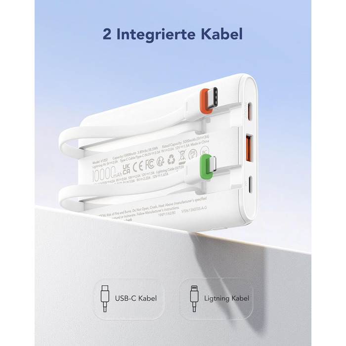 Повербанк VEGER 10000mAh 22.5W з вбудованим кабелем USB-C, швидка зарядка, білий