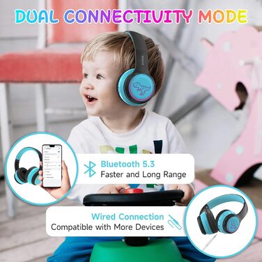 Дротові навушники IFecco для дітей з мікрофоном, Bluetooth, LED-підсвітка, чохол, колір чорний/синій