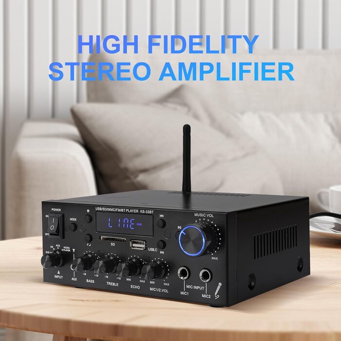 Міні підсилювач 60Вт+60Вт Bluetooth стерео, цифровий Hi-Fi аудіо підсилювач для дому та авто, USB, SD, FM, MIC, LCD дисплей, 12V/230V, 2-канальний (33BT)