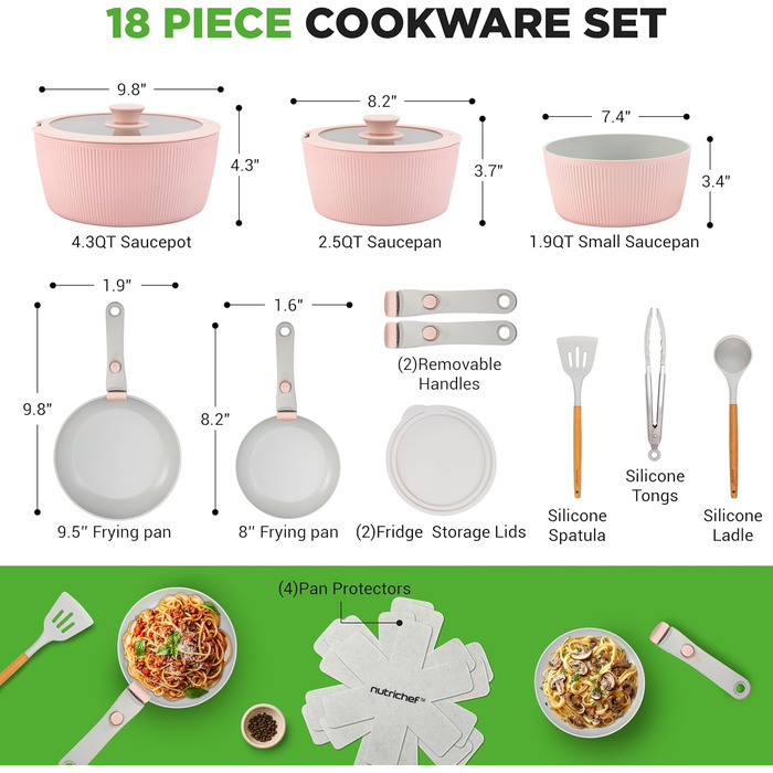 Набір посуду NutriChef 18 предметів з керамічного покриття, знімні ручки, без PTFE, антипригарний, економний, для духовки та плити, колір кремовий