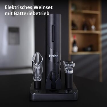 Електричний відкривач вин Haier з нержавіючої сталі: набір з декантером, вакуумним затвором, зрізачем фольги та станцією. Автоматичний відкривач вин Haier - чудовий подарунок для поціновувачів вина. Працює від батарейок.