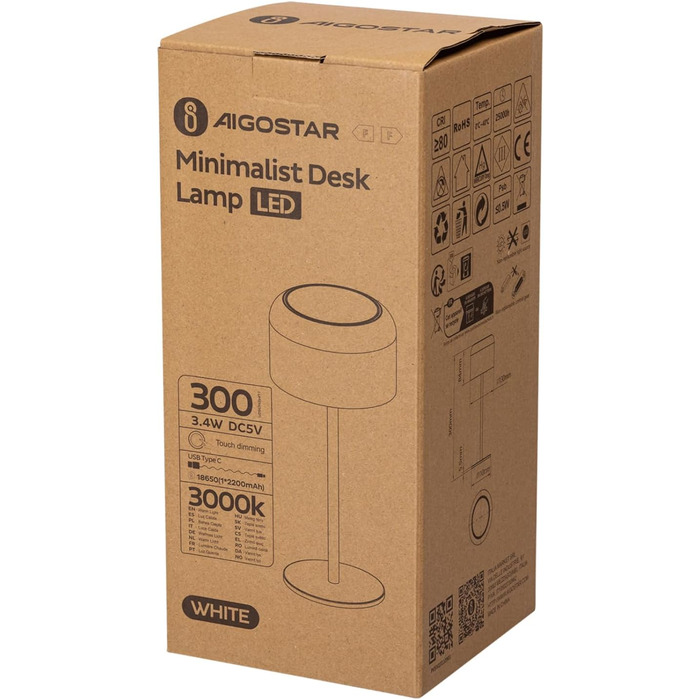 Світлодіодна настільна лампа Aigostar акумуляторна бездротова, димується сенсорним керуванням, 3 режими світла, водонепроникна IP54 для дому та саду (біла)