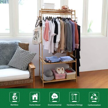 Bamboo Coat Rack, Clothes Rack with 3 Shelves and 10 Hooks, Clothes Rail, for Hallway, Living Room and Office, 80x43.5x165cm