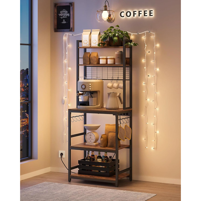 Стелаж кухонний VASAGLE з розетками, для мікрохвильової печі, з решіткою, 14 гачків, антрацит-чорний, 40x60x170 см, вінтажний коричневий + чорний