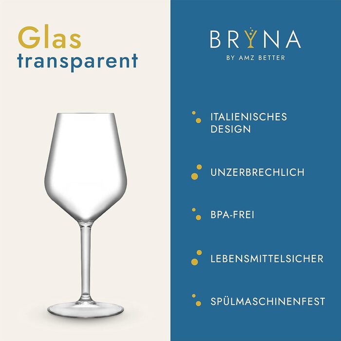 BRYNA - Set of 6 wine glasses, 33 cl, made of polycarbonate (hard plastic), 100% Italian design, unbreakable glasses, reusable and dishwasher-safe wine glasses, transparent