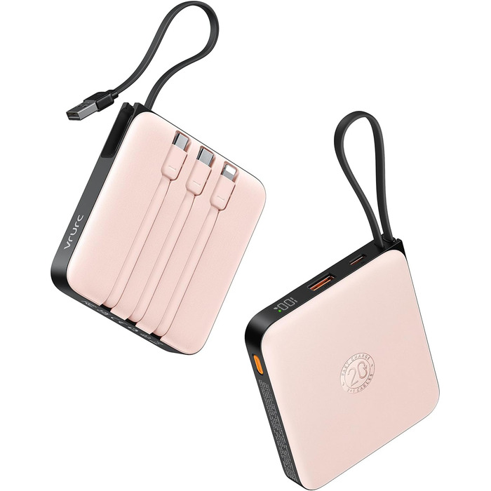 Power Bank VRURC 20000mAh з кабелем: компактний акумулятор для iPhone, Huawei, Samsung та інших пристроїв (рожевий)