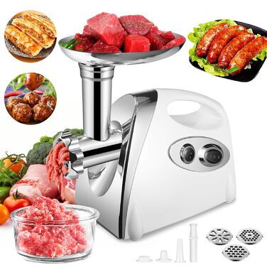 Електрична м'ясорубка та пристрій для ковбас 2800 Вт, з реверсом, 3 диски, набір для ковбасок та куббе (біла)