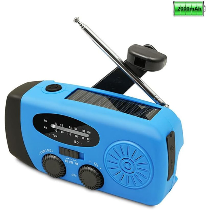 Радіоприймач сонячний Solar-Radio 2000mAh з ручним заводом, AM/FM, SOS-сигналом, LED-ліхтарем та USB-зарядкою, водонепроникний для кемпінгу, туризму та надзвичайних ситуацій (синій)