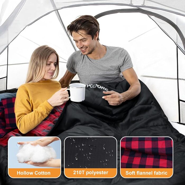 Спальний мішок для двох дорослих з флісу, зимовий, з подушками та сумкою для транспортування, 233*157 см, червоний