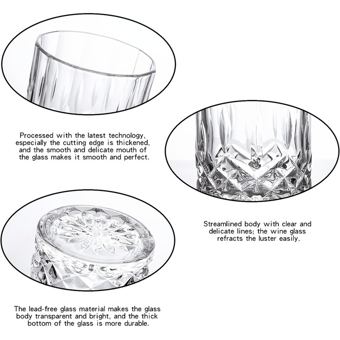 Набір склянок для віскі GLASKEY 4 шт., 320 мл, без свинцю, кришталь, для коктейлів, рому, горілки, скотчу, джину, коньяку, води, віскі, важке дно, подарунковий набір для чоловіків, батька, брата