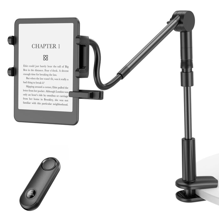 Тримач PlusAcc з гнучким кріпленням-лебединою для Kindle, Kobo та iPad — підставка для електронних книг з дистанційним керуванням перегортанням сторінок