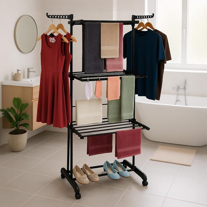Вертикальна сушарка для білизни Relaxdays з розкладними крилами та колесами, металева, чорна (179x126x63,5 см)