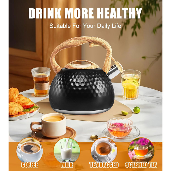 Чайник-свисток Foedo з нержавіючої сталі з дерев'яною текстурою, 3.2 л, для чаю, кави та молока, класичний дизайн, червоний (Чорний-6)