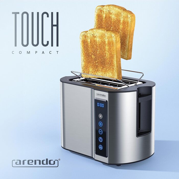 Arendo - 2-Slice Stainless Steel Toaster - Touch Panel - Digital Display with Remaining Time - 800 W – Double-Walled Housing – with Bagel Attachment – 7 Browning Levels – Bread Slice Centering - Silver B: Silver