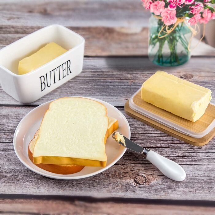 Butter dish with lid and knife, 650 ml, large ceramic butter dish, double silicone seals, butter dish for storing homemade butter, nuts and cheese