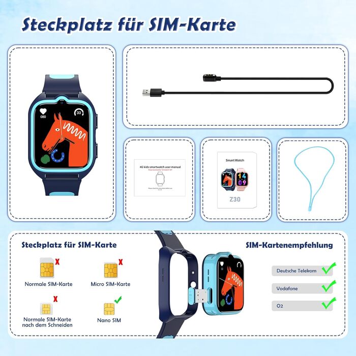 Дитячий розумний годинник з SIM-карткою, GPS-трекер, SOS, 4G, ліхтарик, IP67, для дівчаток та хлопчиків, блакитний