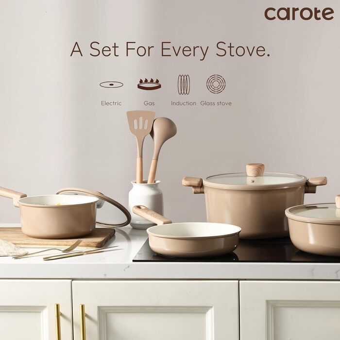 Набір посуду Carote 18 предметів керамічний антипригарний Taupe Brown, без PFAS/PFOA