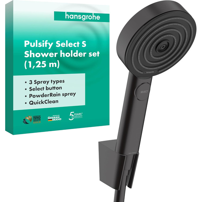hansgrohe Pulsify Select S - Shower Set with Showerhead (3 spray patterns including PowderRain), Shower Hose (1.25 m) and Showerhead Holder, Matte Black, 24302670