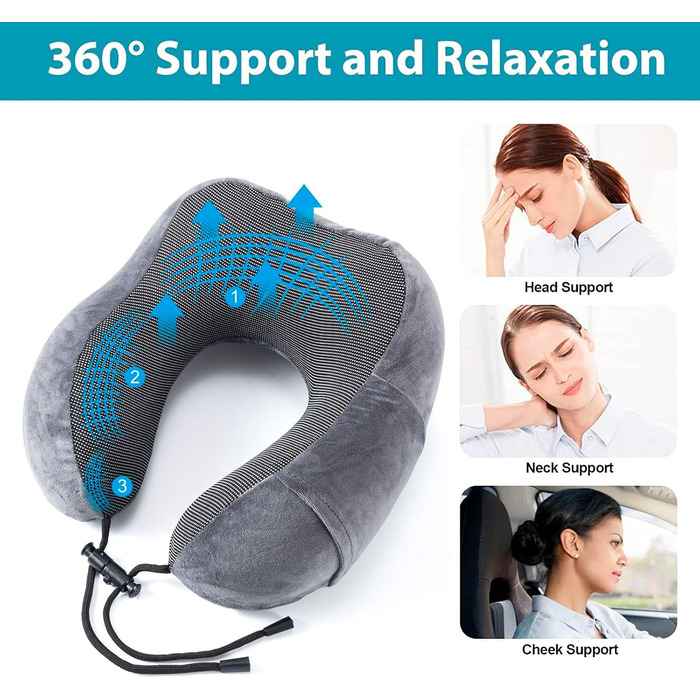 Подушка для шиї у подорожах: Memory Foam, ергономічна, для автомобіля, літака, офісу (сіра)