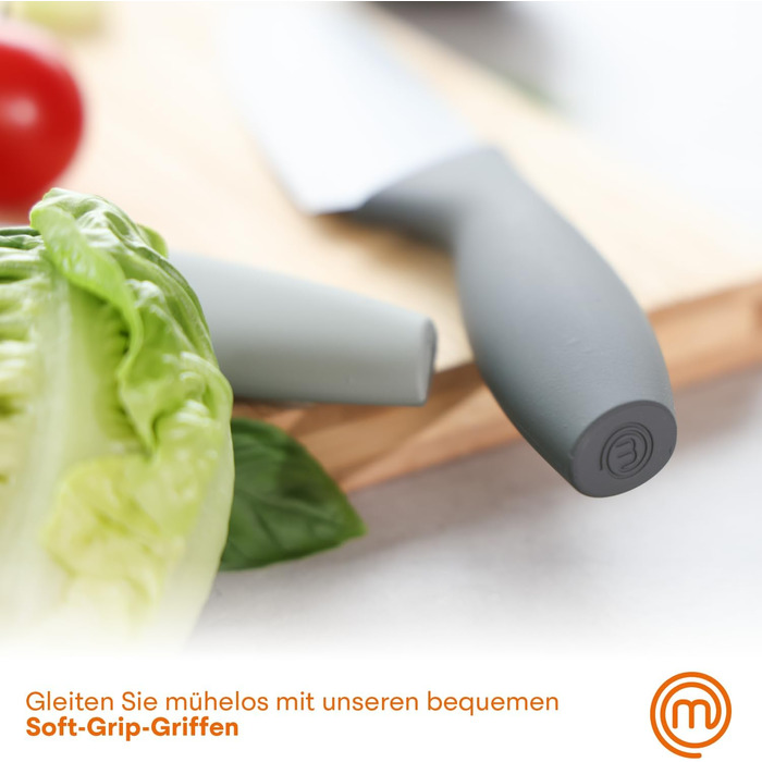 MasterChef 5-Piece Knife Block Set - Stainless Steel Kitchen Knife Set with Chef's Knife, Santoku, Bread Knife, Utility Knife & Vegetable Knife - Sharp, Black Soft-Touch Handles