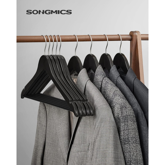 Плечики для одягу SONGMICS, 20 шт., з масиву дерева, з вирізами для плечей, неслизький тримач для штанів, обертовий на 360°, для костюмів, сорочок, натуральний колір + срібло