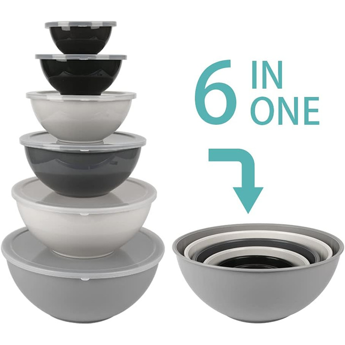 BoxedHome Gray Mixing Bowls Set with Lids, Reusable Mixing Bowl, 12-Pack Mixing Bowl, Plastic Salad Bowl Non-Slip Stackable Serving Bowls for Kitchen (6 Bowls and 6 Lids)