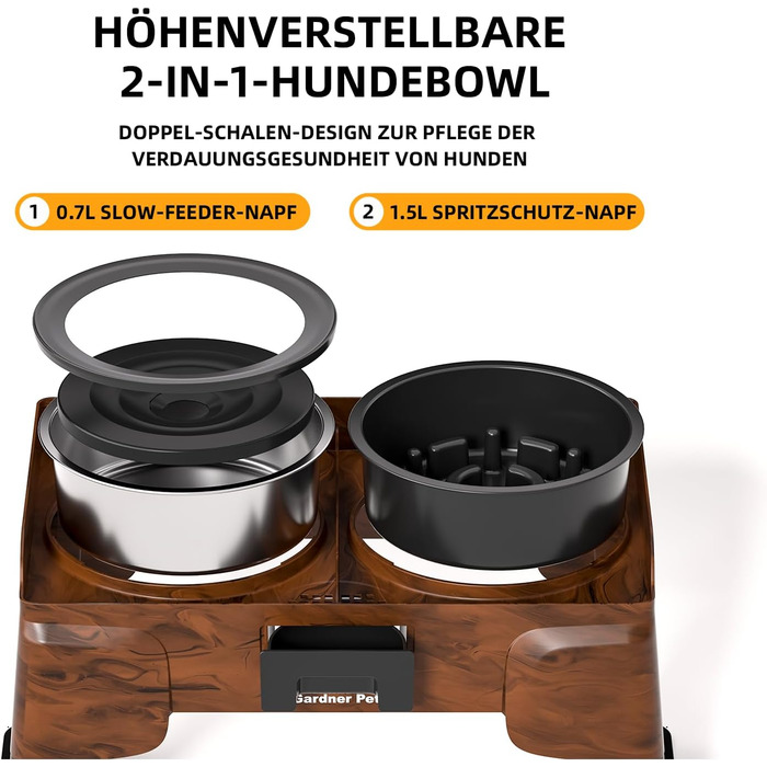 Підвищена годівниця для собак Gardner 2-в-1: миска для води без розливу та миска для повільного годування з регульованою висотою, 5 рівнів, протиковзна, для середніх та великих собак