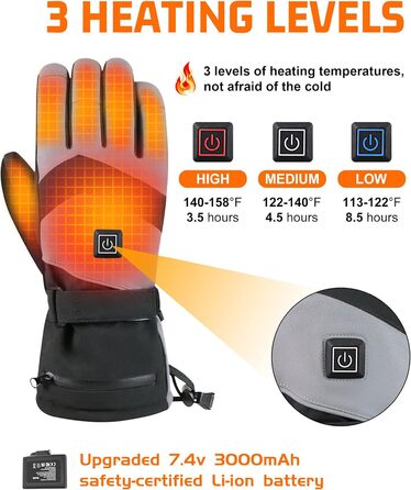 Гріючі рукавички 7.4V 3000mAh для жінок та чоловіків, водонепроникні, вітрозахисні, з підтримкою сенсорного екрану, для мотоциклів, активного відпочинку, походів та кемпінгу (L, Чорний)