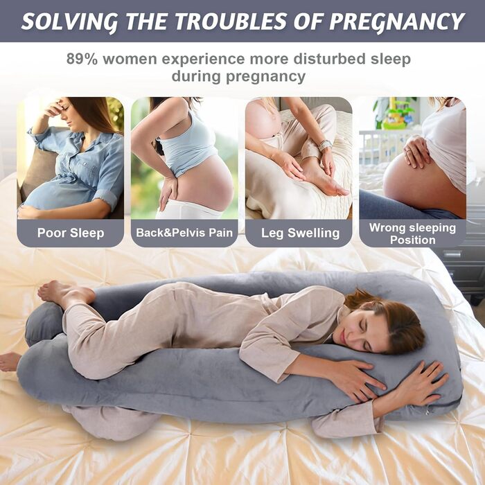 Подушка для вагітних U-подібної форми Vikcvcsc, подушка для всього тіла з чохлом, подушка для годування XXL, велика подушка для сну на боці для вагітних знімний та пральний чохол (Сірий, Велюр)