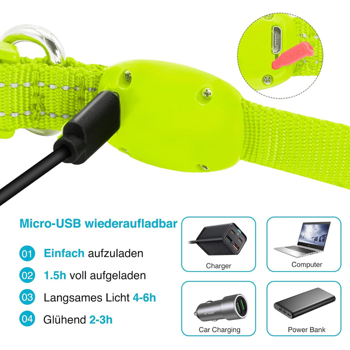 LED нашийник для собак, перезаряджається через USB, водонепроникний, яскравий, регульований, для середніх та великих собак (зелений)