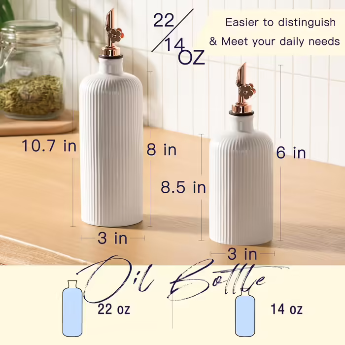 Dizada Oil Dispenser for Kitchen, Ceramic Olive Oil Dispenser Bottle, 624 ml + 400 ml, Large Capacity, Oil and Vinegar Dispenser Bottles with Stainless Steel Spout, Oil Container, 2-Piece Set