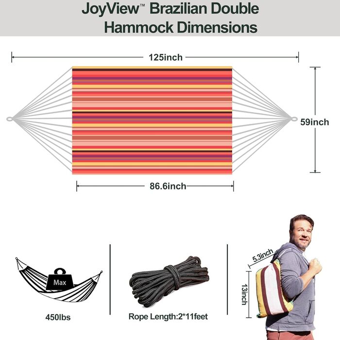 Гамак подвійний JoyView бразильський, бавовняний, 220x150 см, смугастий (червоний), для тераси та дому