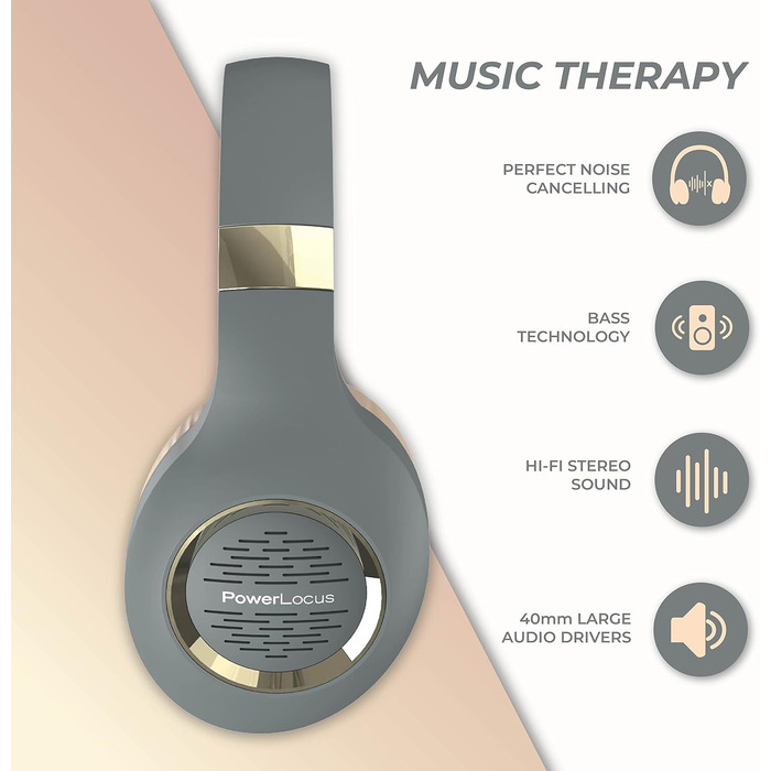 PowerLocus Bluetooth навушники Over-Ear, бездротові, складні, з мікрофоном, Hi-Fi стерео, глибокий бас, м'які амбушюри, для телефону, планшета, ПК - асфальтово-сірий