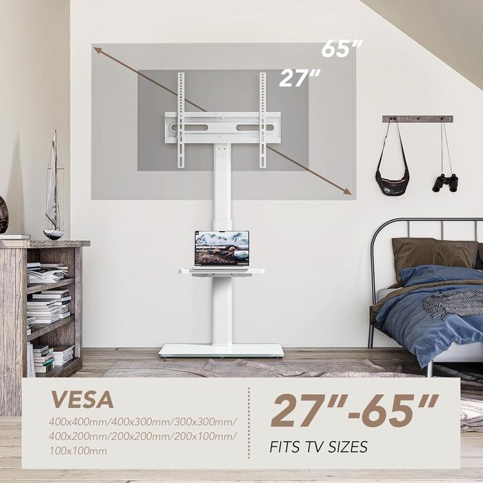 Adjustable TV Stand for 32-65 inch TVs - Swivel & Tilt, 2-Tier Shelves, VESA 400x400, 35kg Capacity (White)