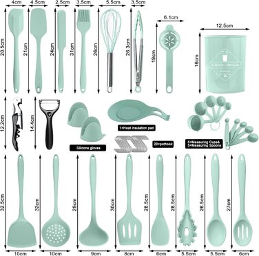 Набір кухонних аксесуарів TAVADA (51 шт.), силіконовий набір кухонного начиння, антипригарне кухонне приладдя, стійке до високих температур, зелений, придатний для миття в посудомийній машині