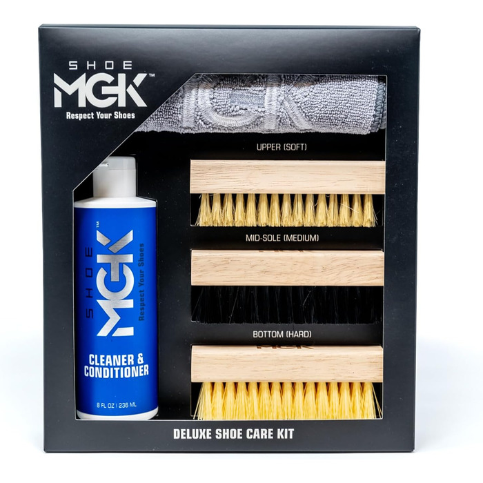 SHOE MGK Shoe Care Deluxe Kit – Shoe Cleaning Set for White Shoes, Leather, Suede, Canvas, and All Materials – 8 Ounce Shoe Cleaner with a Soft, Medium