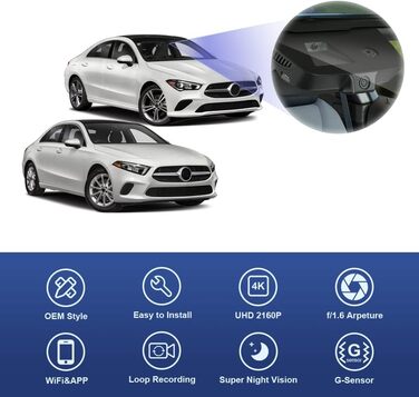 Відеореєстратор Fitcamx 4K для Mercedes-Benz A-Class (W176, W177) та CLA (C117, C118) 2012-2023, 2160P UHD WiFi, Plug&Play, 64GB карта