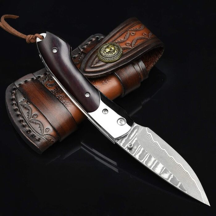 Складаний дамаський ніж NedFoss SWORDFISH 7 см, 67 шарів VG10, дерев'яна ручка, чохол і кліпса, мисливський ніж для колекції та подарунку