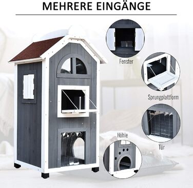 Будинок для котів PawHut на вулицю, 2-поверховий, з теневого дерева, сірий, 59 x 55 x 109 см