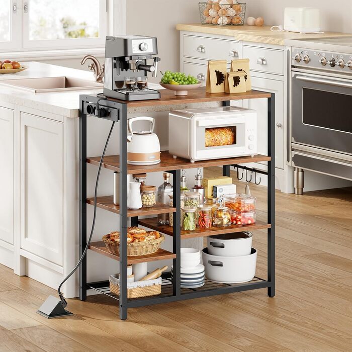 HOOBRO Поличка кухонна з розеткою (3 розетки з вимикачем), підлогова, для мікрохвильової печі з 3 знімними S-гачками, 5 ярусів, для кухні та вітальні, вінтажний коричневий та чорний колір, EBF25CHB01