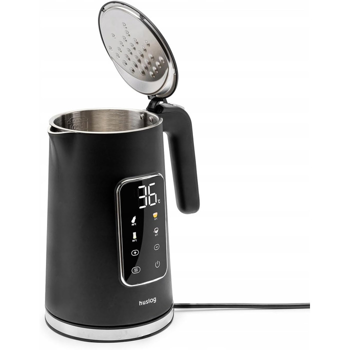 Електричний чайник 1.7 л з тачскріном, 2200 Вт, регулювання температури (40–100°C), 5 програм, підтримання тепла, нержавіюча сталь, бездротовий, чорний