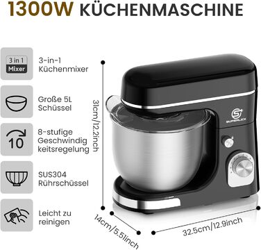 Кухонна машина SUPERLEX 3-в-1: міксер, тістоміс, блендер. 1300W, 5л чаша з нержавіючої сталі, 8 швидкостей, з набором насадок (крюк, вінчик, вінчик для збивання), захист від бризок. Для приготування тіста, випічки та десертів.