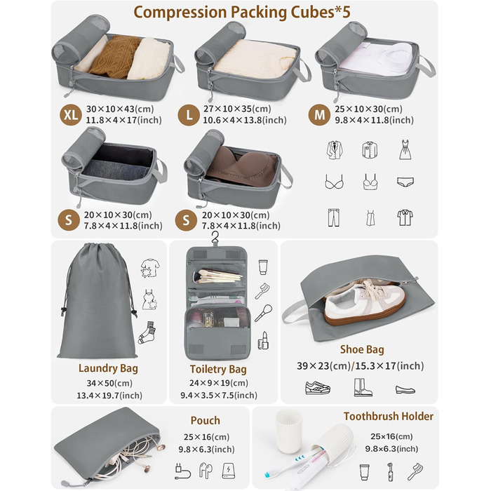 Органайзери для валізи Anjing Compression Cubes - 10 шт., компресійні кишені для подорожей, сірі