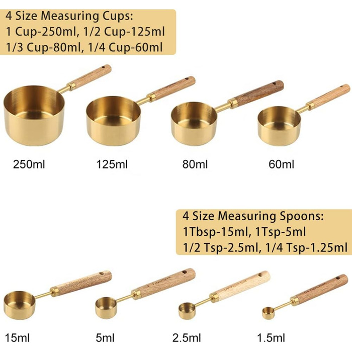 8-Piece Stainless Steel Measuring Cup and Spoon Set with Wooden Handle for Dry and Liquid Ingredients (Gold)