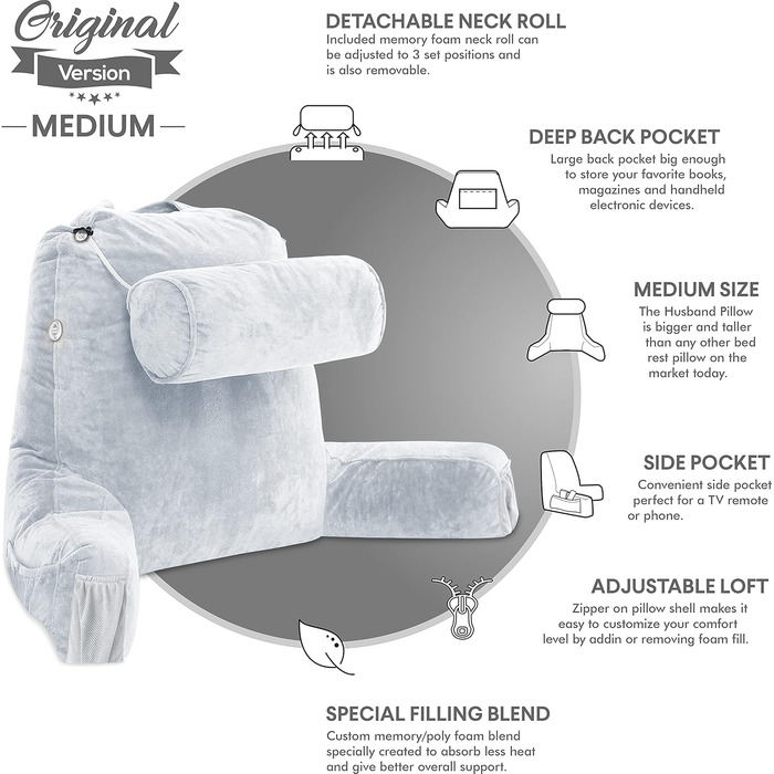 Подушка для чоловіків з підлокітниками - велика, для читання та відпочинку в ліжку. Преміум піна з пам'яті, знімна подушка для шиї, середній розмір (Dark Green)